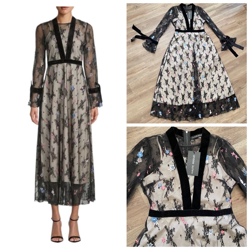 Haute Rogue Delaware Floral Embroidered Black Mesh
Velvet Trim Dress.